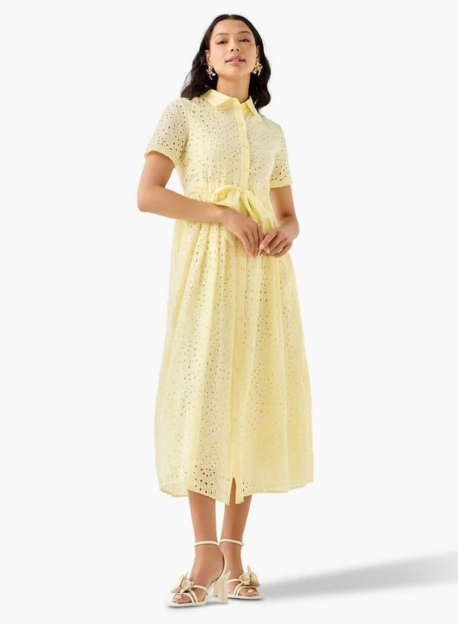 2Xtremz 2Xtremz Belted Midi Cotton Shirt Dress with Schiffli Embroidery